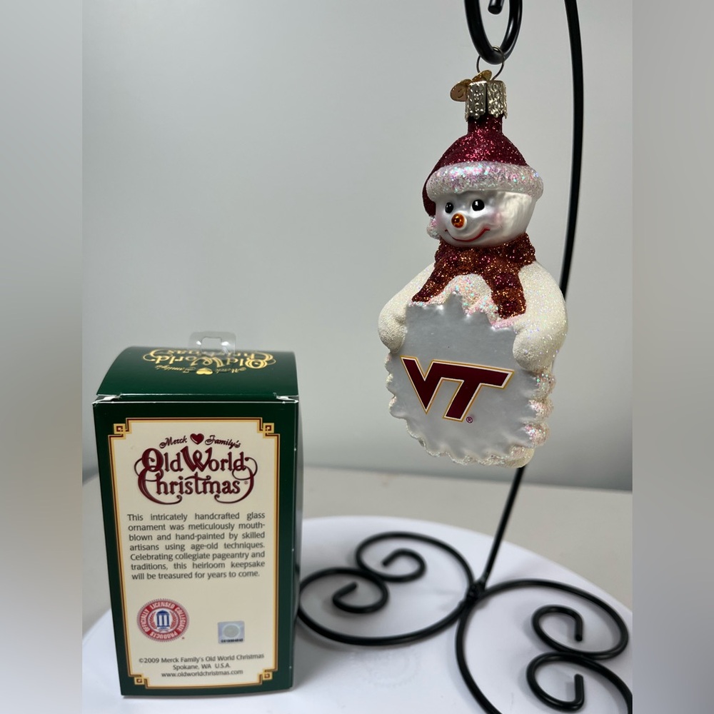 Vintage Old World Christmas Snowman Glitter Ornament - maroon, orange and White
